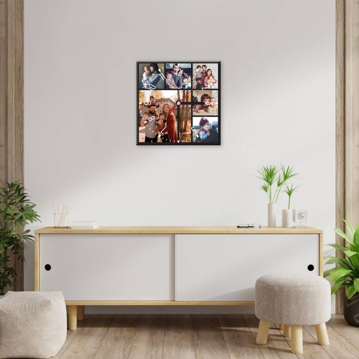 Négyzet alakú falióra családi fotókkal