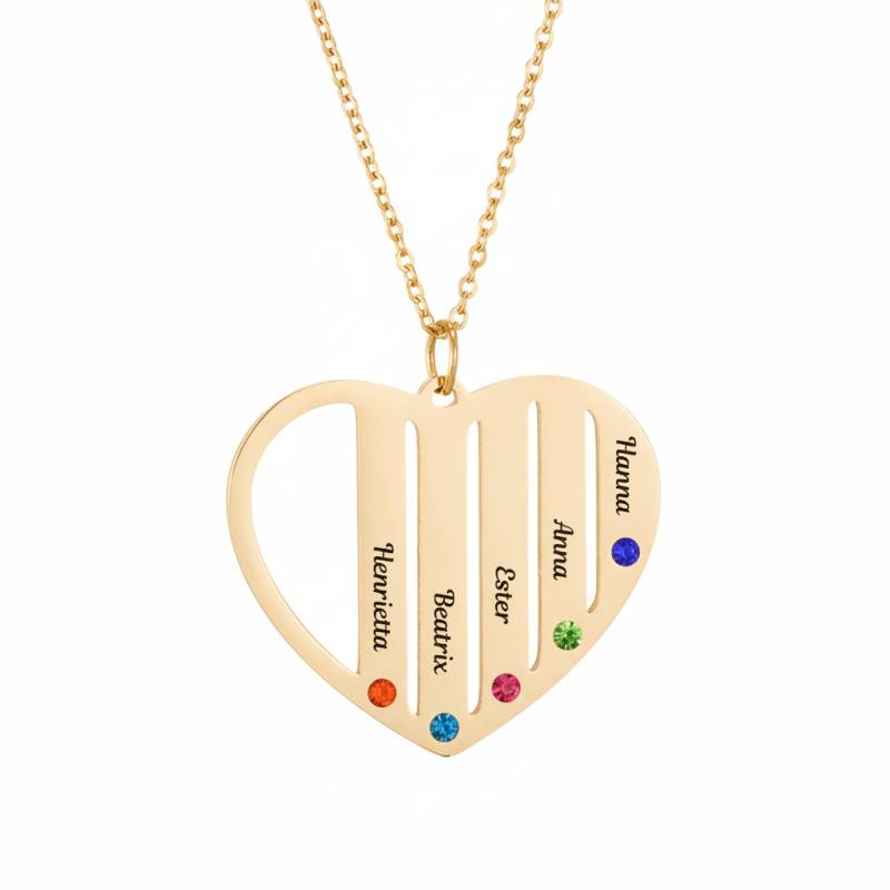 Nyaklánc szív alakú medállal öt névvel