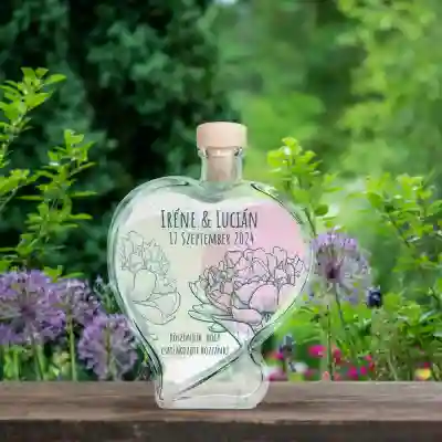 Szív üveg - Virág zöld rózsaszín intarziával